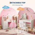Coiffeuse pour enfants Princesse, miroir lumineux, 3 tiroirs, étagères de rangement, plateau amovible - Coiffeuse en bois pour petites filles