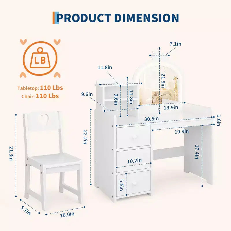 Coiffeuse pour enfants Princesse, miroir lumineux, 3 tiroirs, étagères de rangement, plateau amovible - Coiffeuse en bois pour petites filles
