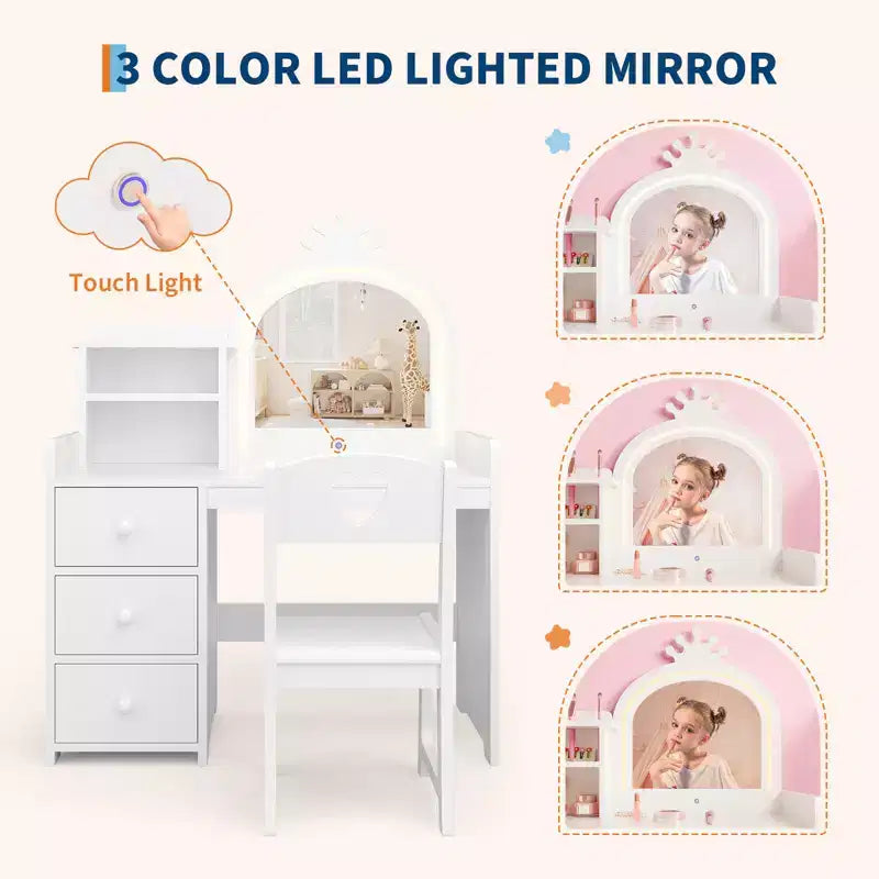 Coiffeuse pour enfants Princesse, miroir lumineux, 3 tiroirs, étagères de rangement, plateau amovible - Coiffeuse en bois pour petites filles