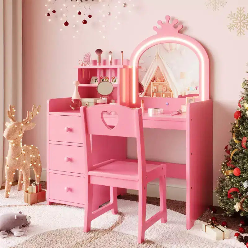 Coiffeuse pour enfants Princesse, miroir lumineux, 3 tiroirs, étagères de rangement, plateau amovible - Coiffeuse en bois pour petites filles