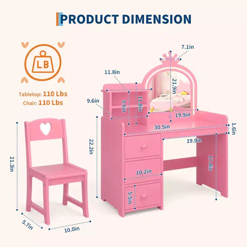 Coiffeuse pour enfants Princesse, miroir lumineux, 3 tiroirs, étagères de rangement, plateau amovible - Coiffeuse en bois pour petites filles