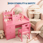 Coiffeuse pour enfants Princesse, miroir lumineux, 3 tiroirs, étagères de rangement, plateau amovible - Coiffeuse en bois pour petites filles