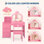 Coiffeuse pour enfants Princesse, miroir lumineux, 3 tiroirs, étagères de rangement, plateau amovible - Coiffeuse en bois pour petites filles