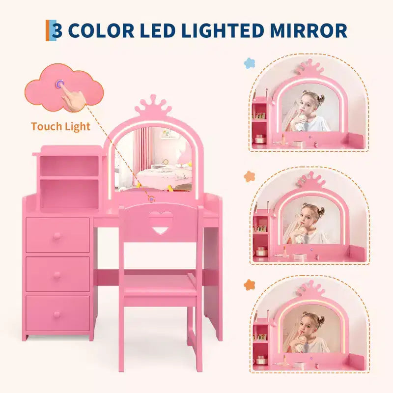 Coiffeuse pour enfants Princesse, miroir lumineux, 3 tiroirs, étagères de rangement, plateau amovible - Coiffeuse en bois pour petites filles
