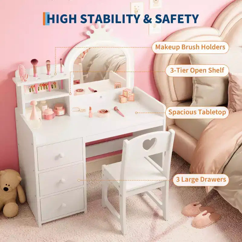 Coiffeuse pour enfants Princesse, miroir lumineux, 3 tiroirs, étagères de rangement, plateau amovible - Coiffeuse en bois pour petites filles