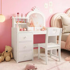 Coiffeuse pour enfants Princesse, miroir lumineux, 3 tiroirs, étagères de rangement, plateau amovible - Coiffeuse en bois pour petites filles