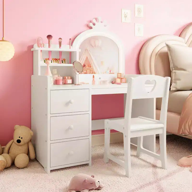 Coiffeuse pour enfants Princesse, miroir lumineux, 3 tiroirs, étagères de rangement, plateau amovible - Coiffeuse en bois pour petites filles
