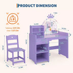 Coiffeuse pour enfants avec lumières, coiffeuse de princesse 2 en 1 avec chaise de coiffeuse pour tout-petits avec étagère ouverte, meuble de rangement, étagères pour filles
