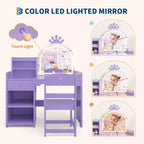 Coiffeuse pour enfants avec lumières, coiffeuse de princesse 2 en 1 avec chaise de coiffeuse pour tout-petits avec étagère ouverte, meuble de rangement, étagères pour filles