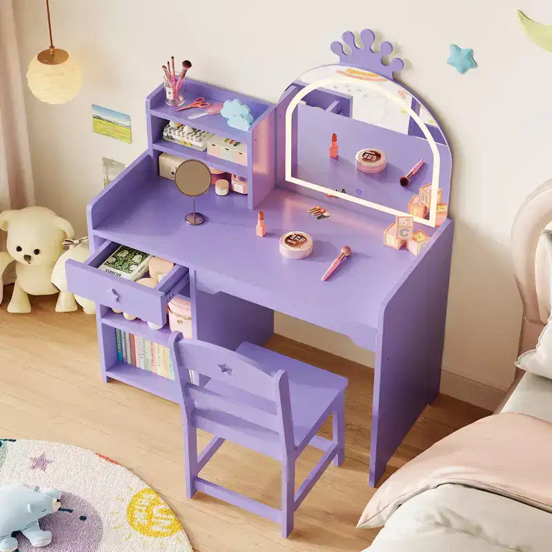 Coiffeuse pour enfants avec lumières, coiffeuse de princesse 2 en 1 avec chaise de coiffeuse pour tout-petits avec étagère ouverte, meuble de rangement, étagères pour filles