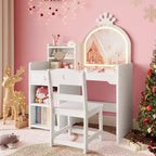 Coiffeuse pour enfants avec lumières, coiffeuse de princesse 2 en 1 avec chaise de coiffeuse pour tout-petits avec étagère ouverte, meuble de rangement, étagères pour filles