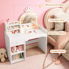 Coiffeuse pour enfants avec lumières, coiffeuse de princesse 2 en 1 avec chaise de coiffeuse pour tout-petits avec étagère ouverte, meuble de rangement, étagères pour filles