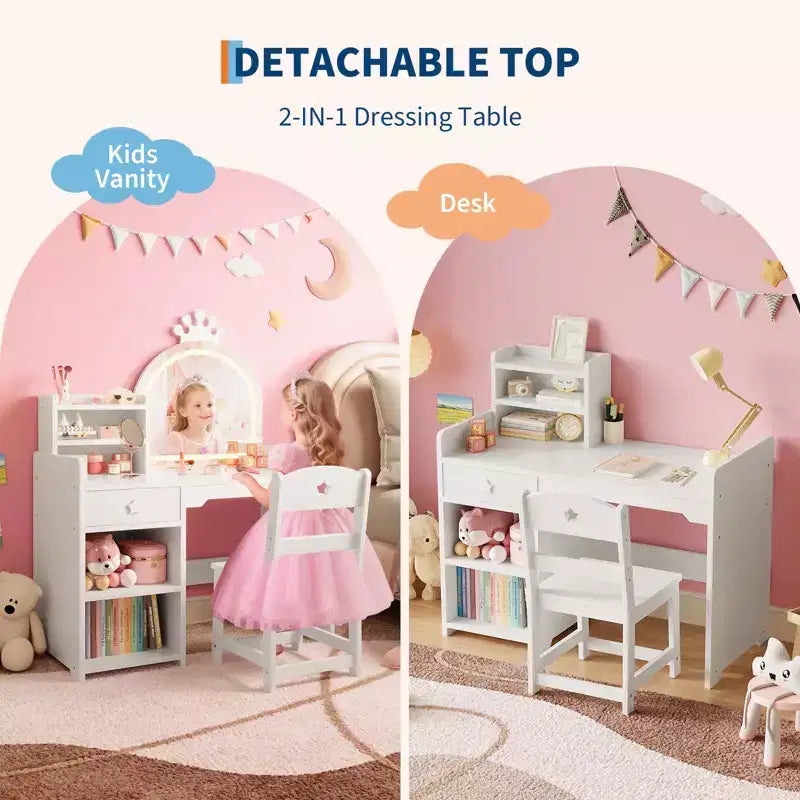 Coiffeuse pour enfants avec lumières, coiffeuse de princesse 2 en 1 avec chaise de coiffeuse pour tout-petits avec étagère ouverte, meuble de rangement, étagères pour filles