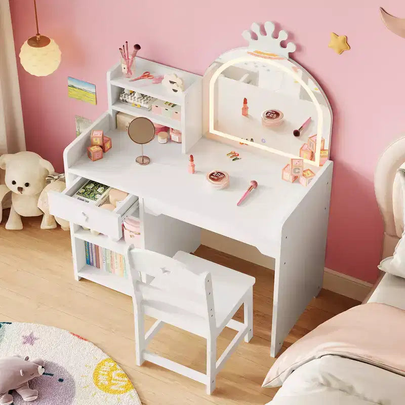 Coiffeuse pour enfants avec lumières, coiffeuse de princesse 2 en 1 avec chaise de coiffeuse pour tout-petits avec étagère ouverte, meuble de rangement, étagères pour filles