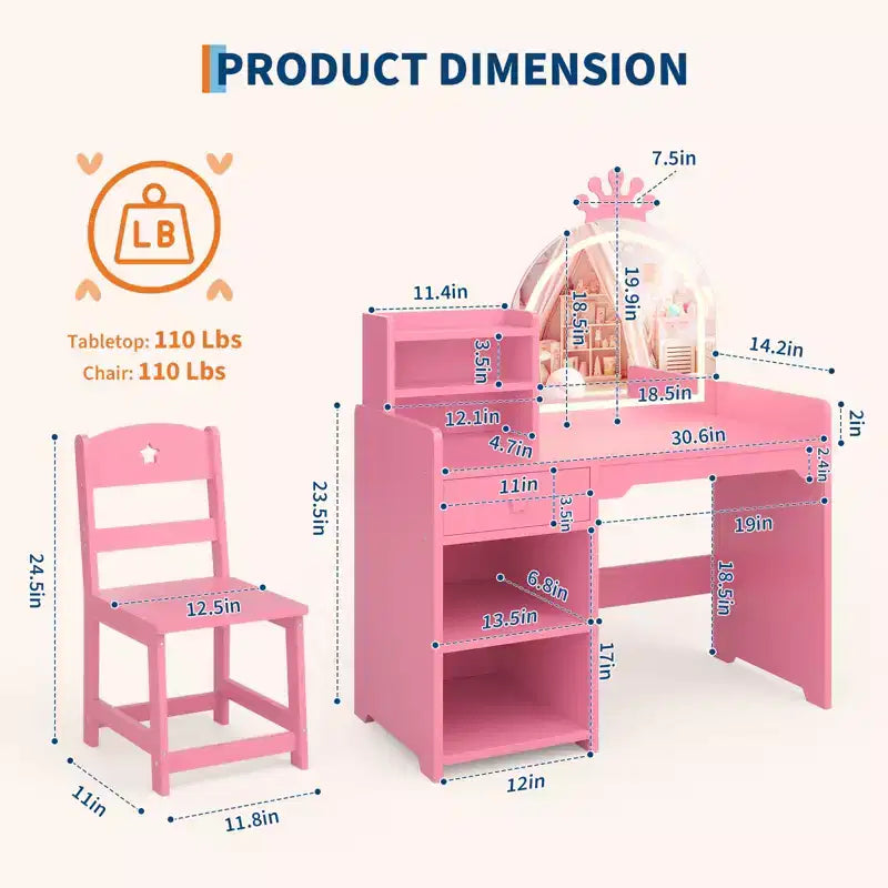 Coiffeuse pour enfants avec lumières, coiffeuse de princesse 2 en 1 avec chaise de coiffeuse pour tout-petits avec étagère ouverte, meuble de rangement, étagères pour filles