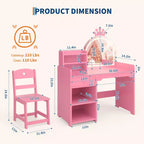 Coiffeuse pour enfants avec lumières, coiffeuse de princesse 2 en 1 avec chaise de coiffeuse pour tout-petits avec étagère ouverte, meuble de rangement, étagères pour filles