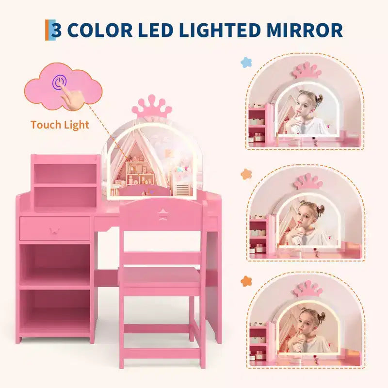 Coiffeuse pour enfants avec lumières, coiffeuse de princesse 2 en 1 avec chaise de coiffeuse pour tout-petits avec étagère ouverte, meuble de rangement, étagères pour filles