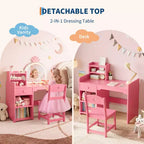 Coiffeuse pour enfants avec lumières, coiffeuse de princesse 2 en 1 avec chaise de coiffeuse pour tout-petits avec étagère ouverte, meuble de rangement, étagères pour filles