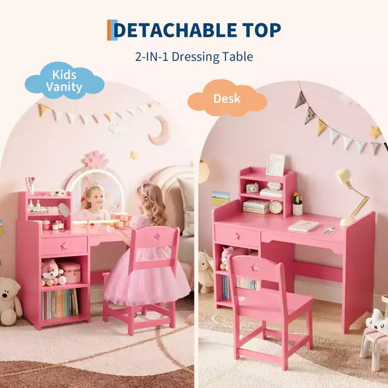 Coiffeuse pour enfants avec lumières, coiffeuse de princesse 2 en 1 avec chaise de coiffeuse pour tout-petits avec étagère ouverte, meuble de rangement, étagères pour filles