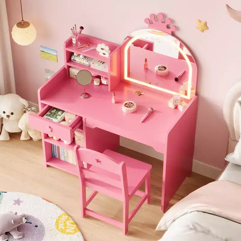 Coiffeuse pour enfants avec lumières, coiffeuse de princesse 2 en 1 avec chaise de coiffeuse pour tout-petits avec étagère ouverte, meuble de rangement, étagères pour filles
