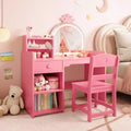 Kids Vanity with Lights, 2 in 1 Princess Makeup Vanity Desk Toddler Vanity Table Chair Set with Open Bookshelf, Storage Cabinet , Shelves for Girls