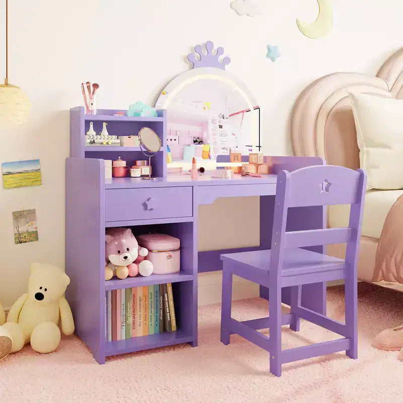 Coiffeuse pour enfants avec lumières, coiffeuse de princesse 2 en 1 avec chaise de coiffeuse pour tout-petits avec étagère ouverte, meuble de rangement, étagères pour filles