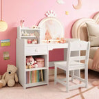 Coiffeuse pour enfants avec lumières, coiffeuse de princesse 2 en 1 avec chaise de coiffeuse pour tout-petits avec étagère ouverte, meuble de rangement, étagères pour filles