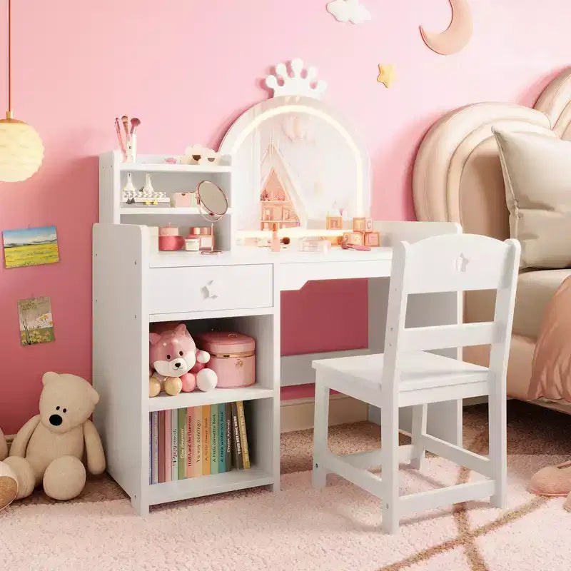 Coiffeuse pour enfants avec lumières, coiffeuse de princesse 2 en 1 avec chaise de coiffeuse pour tout-petits avec étagère ouverte, meuble de rangement, étagères pour filles