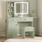 Table de maquillage avec miroir et lumières, ensemble coiffeuse avec tiroir, prise de courant, chaise et 3 étagères, chambre à coucher
