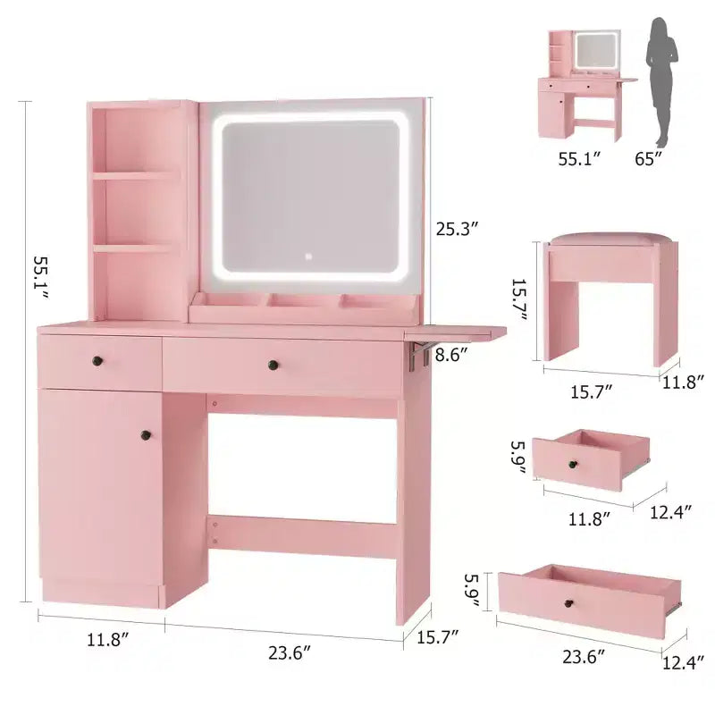 Table de maquillage avec miroir et lumières, ensemble coiffeuse avec tiroir, prise de courant, chaise et 3 étagères, chambre à coucher