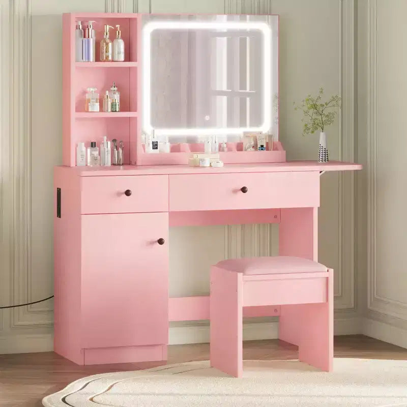 Table de maquillage avec miroir et lumières, ensemble coiffeuse avec tiroir, prise de courant, chaise et 3 étagères, chambre à coucher