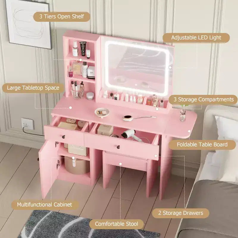 Table de maquillage avec miroir et lumières, ensemble coiffeuse avec tiroir, prise de courant, chaise et 3 étagères, chambre à coucher