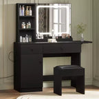Table de maquillage avec miroir et lumières, ensemble coiffeuse avec tiroir, prise de courant, chaise et 3 étagères, chambre à coucher