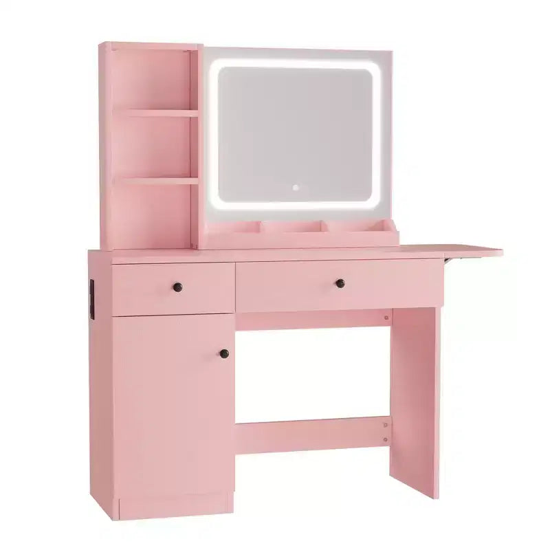 Table de maquillage avec miroir et lumières, ensemble coiffeuse avec tiroir, prise de courant, chaise et 3 étagères, chambre à coucher