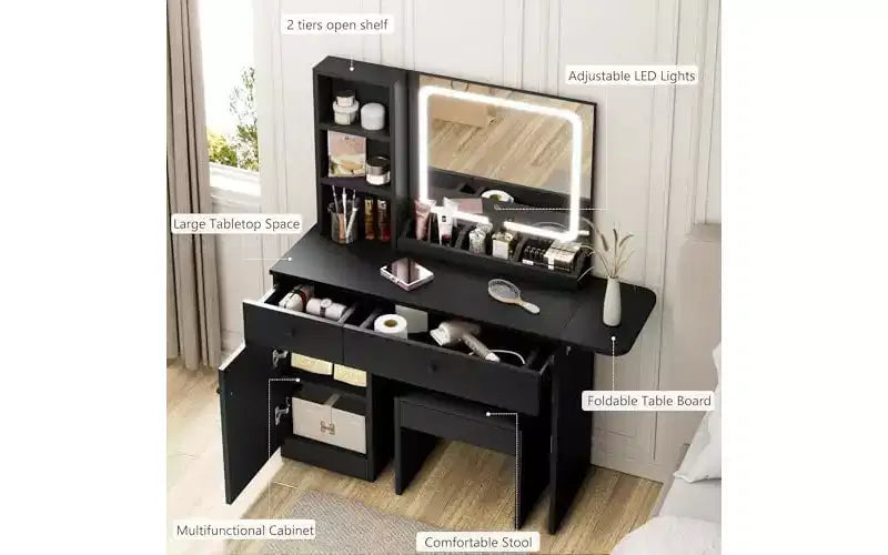Table de maquillage avec miroir et lumières, ensemble coiffeuse avec tiroir, prise de courant, chaise et 3 étagères, chambre à coucher