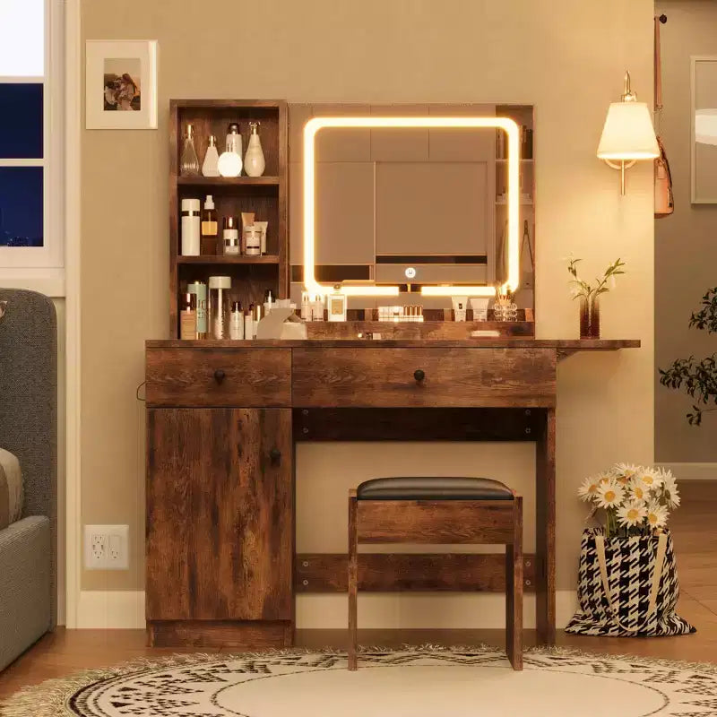 Table de maquillage avec miroir et lumières, ensemble coiffeuse avec tiroir, prise de courant, chaise et 3 étagères, chambre à coucher