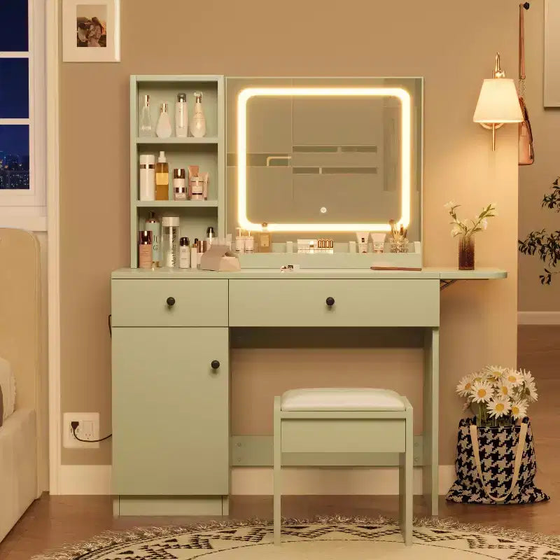 Table de maquillage avec miroir et lumières, ensemble coiffeuse avec tiroir, prise de courant, chaise et 3 étagères, chambre à coucher