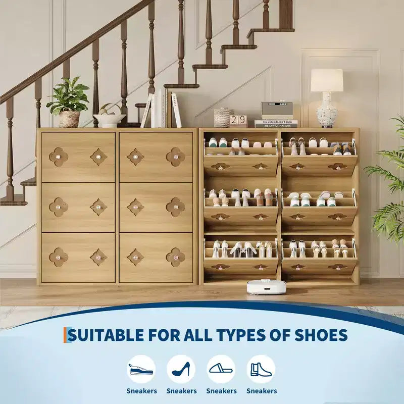 Meuble à chaussures avec étagères réglables, motif floral et poignée en losange, meuble à chaussures fin sur pied