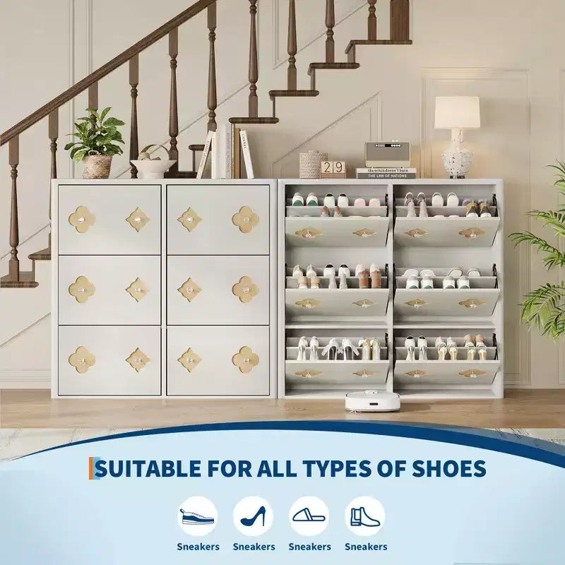 Meuble à chaussures avec étagères réglables, motif floral et poignée en losange, meuble à chaussures fin sur pied