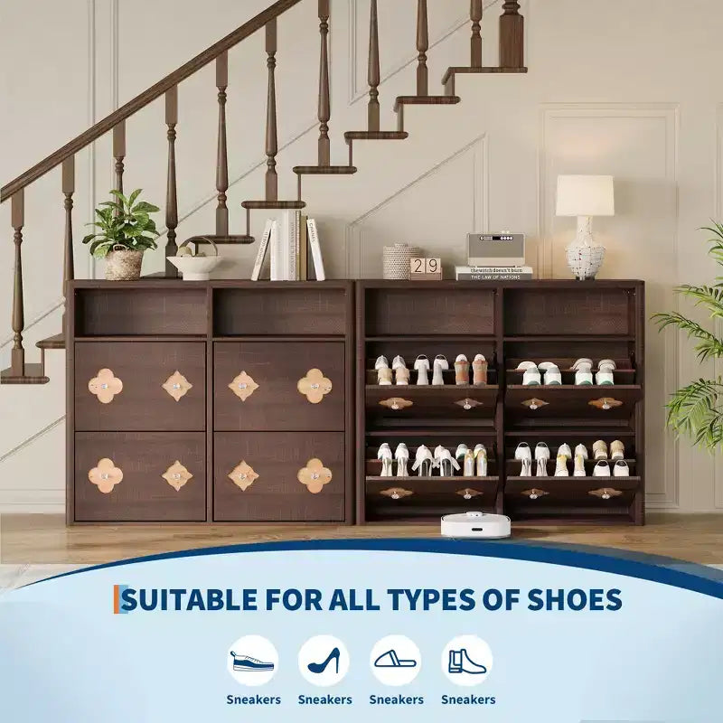 Meuble à chaussures avec étagères réglables, motif floral et poignée en losange, meuble à chaussures fin sur pied