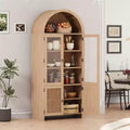 71 Tall Arched Cabinet with Storage, Kitchen Pantry Cabinet, , 6-Shelf Wood Storage Cabinet with Rattan Door and Drawer