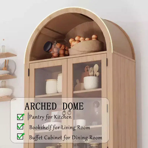 Meuble haut en bois avec arche et rangement de 71", meuble de cuisine, armoire de rangement à 6 étagères avec porte en rotin et tiroir