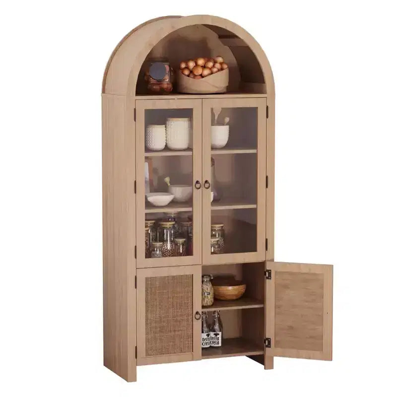 Meuble haut en bois avec arche et rangement de 71", meuble de cuisine, armoire de rangement à 6 étagères avec porte en rotin et tiroir