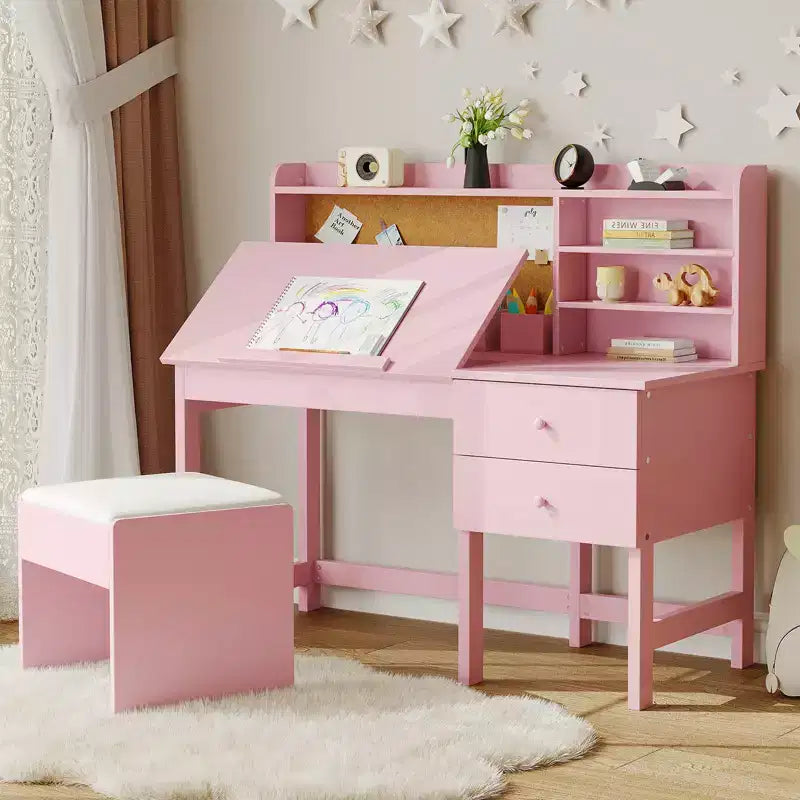 Ensemble bureau et chaise d'étude Acekool pour enfants avec surmeuble, plateau inclinable et rangements pour chambre et école à domicile