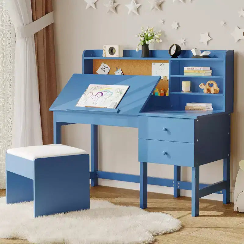Ensemble bureau et chaise d'étude Acekool pour enfants avec surmeuble, plateau inclinable et rangements pour chambre et école à domicile