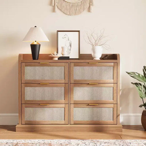 6 Drawer Dresser, Rattan Chest of Dressers with Ample Storage,Boho Chest of Drawers, Dresser Chest for Living Room/Closet/Bedroom, Brown