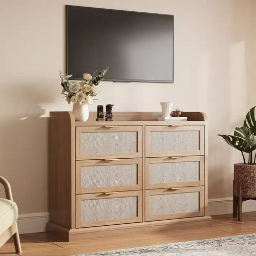 Commode à 6 tiroirs, commode en rotin avec grand espace de rangement, commode bohème, commode pour salon/placard/chambre à coucher, marron