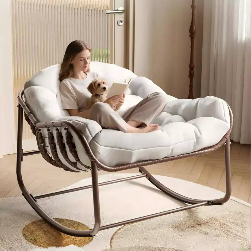 Fauteuil à bascule d'extérieur, chaise œuf de patio surdimensionnée avec coussin rembourré, bascule papasan en rotin pour l'intérieur, le porche, le jardin