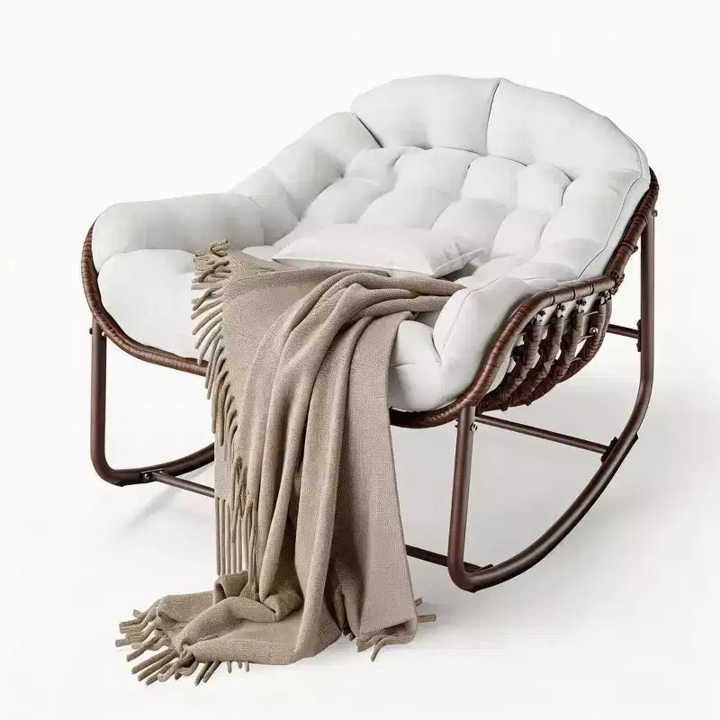 Fauteuil à bascule d'extérieur, chaise œuf de patio surdimensionnée avec coussin rembourré, bascule papasan en rotin pour l'intérieur, le porche, le jardin