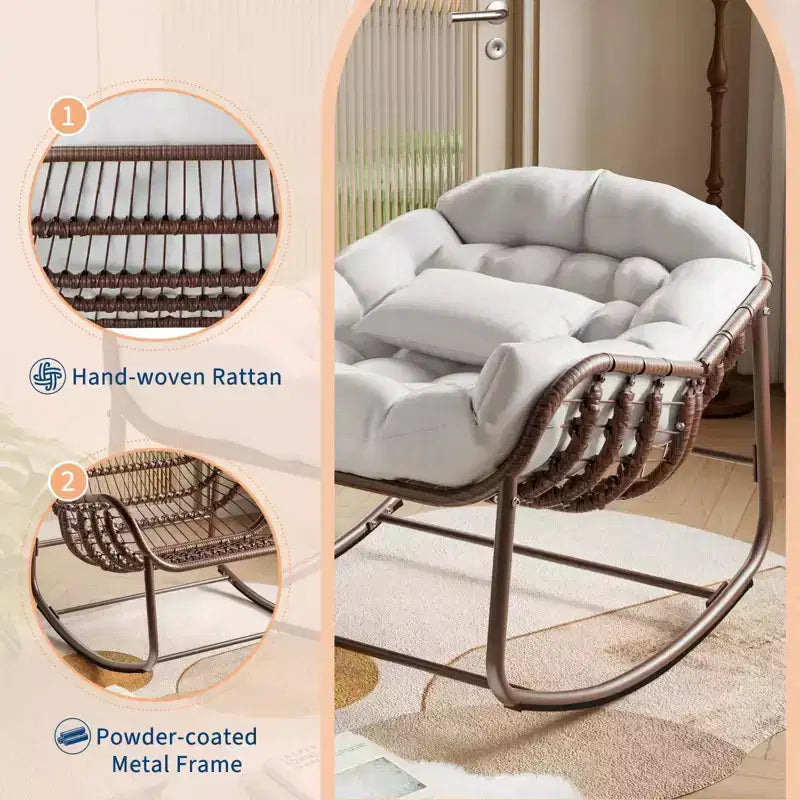 Fauteuil à bascule d'extérieur, chaise œuf de patio surdimensionnée avec coussin rembourré, bascule papasan en rotin pour l'intérieur, le porche, le jardin
